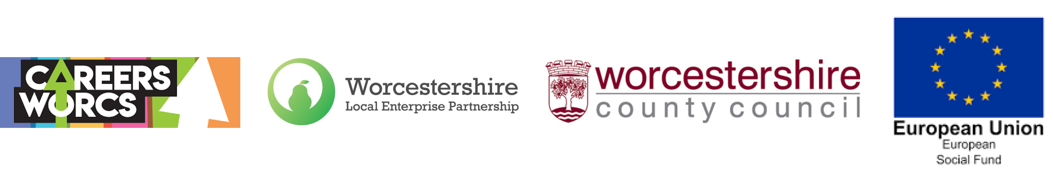 Logos for Careers Worcs, Worcestershire Local Enterprise Partnership, Worcestershire County Council and European Union European Social Fund